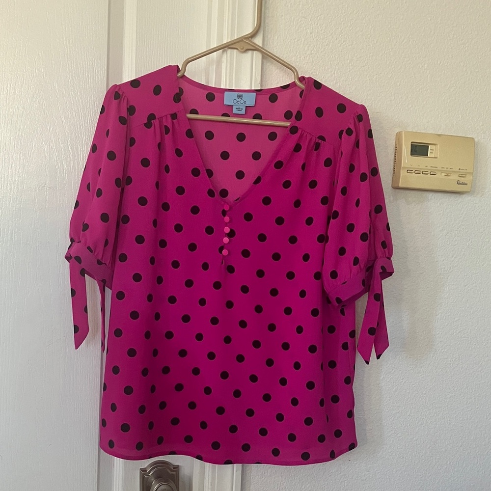CECE Womens Pink Polka Dot Short Sleeve V Neck Top Size L